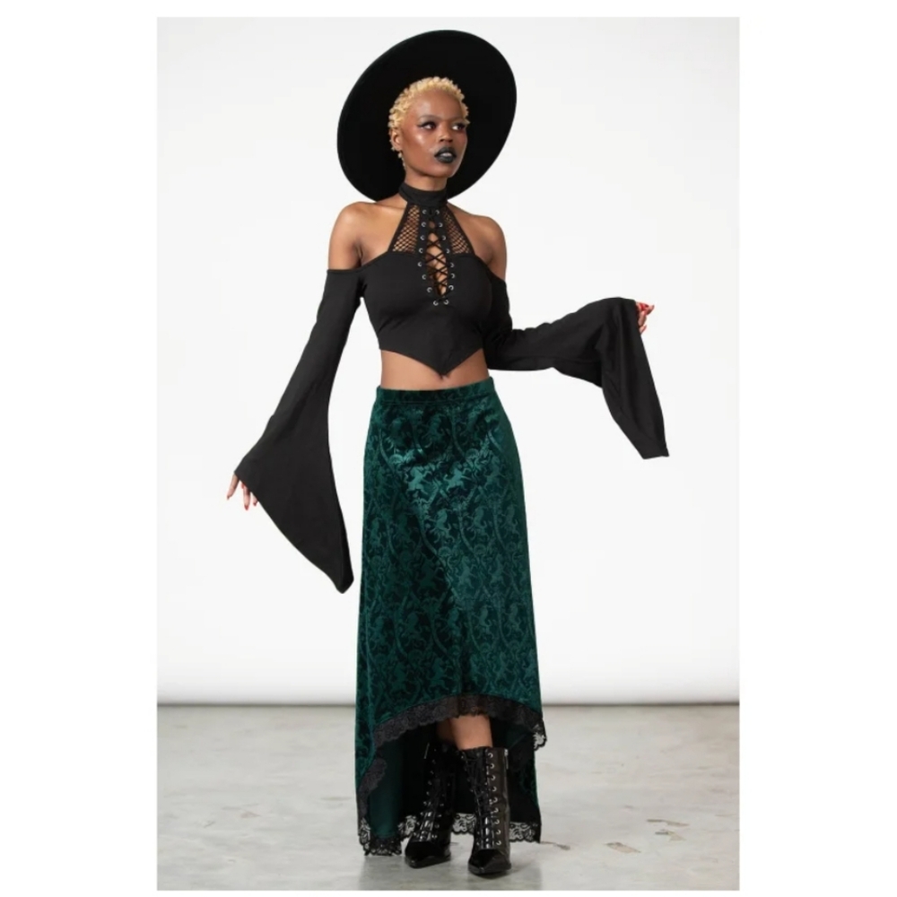 Killstar GRAILED Emerald Green Velvet A-Line Maxi Skirt With Unicorn Print Large